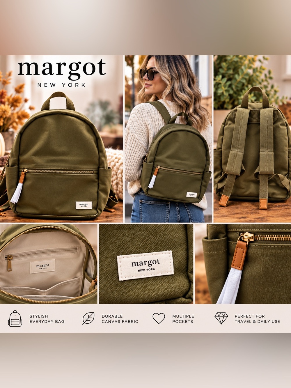 margot Olive Green Canvas Mini Backpack with Leather Accents